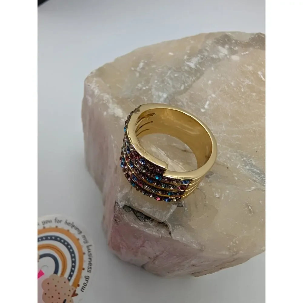 Fashion Gold Tone Multi-Row Pave Rhinestone Crystal Band Ring Size 7.5 Colorful